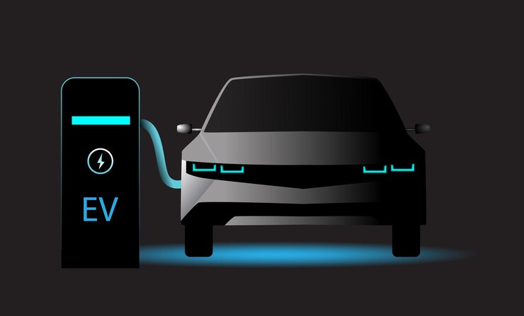 Vector coche eléctrico con símbolo de icono de enchufe logotipo de punto de carga de vehículos híbridos verdes concepto de coche ecológico