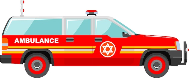 Coche de emergencia de ambulancia judía con símbolo de escudo de David en el icono lateral en vector de estilo plano