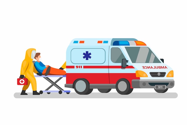 coche de emergencia con traje de materiales peligrosos de uso médico que lleva al paciente al concepto de hospital en la ilustración de dibujos animados
