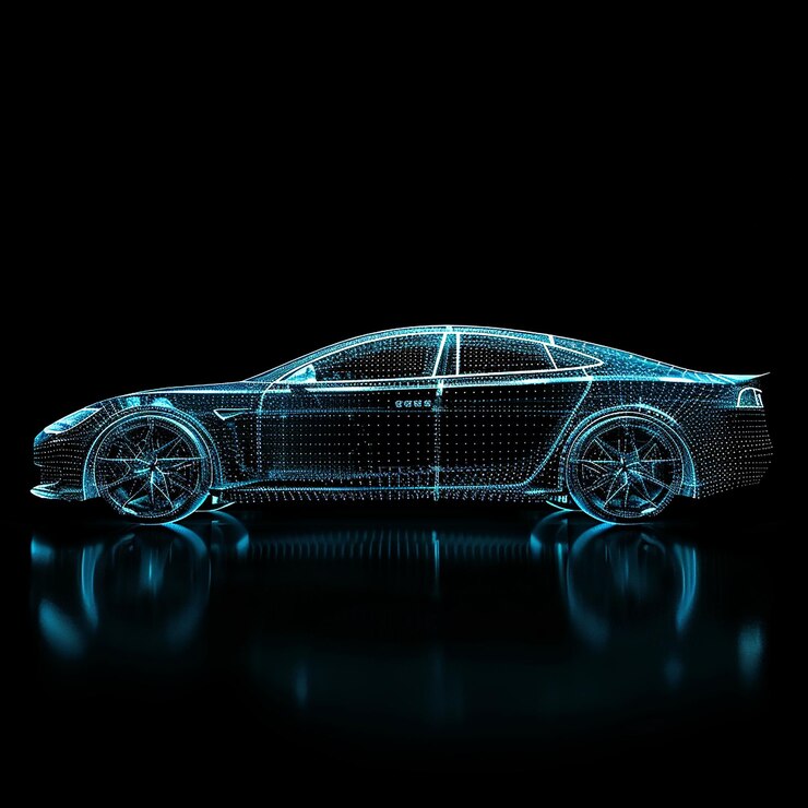 Vector un coche en fondo negro en la estructura de puntos digitales
