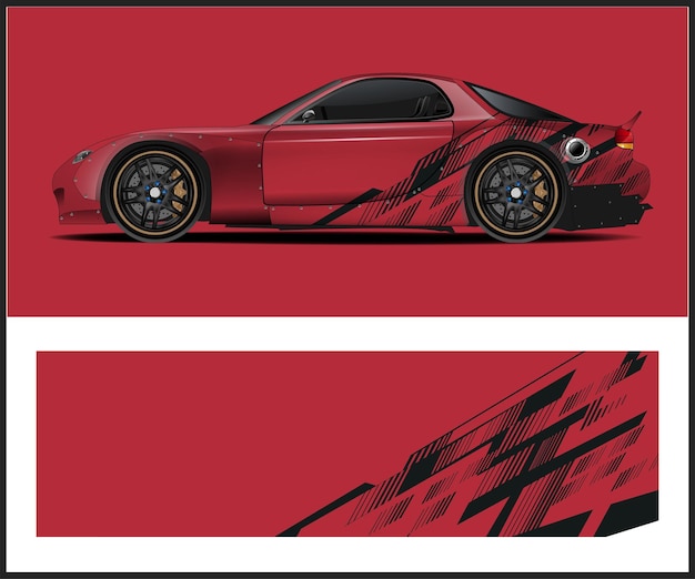 Un coche con un fondo rojo y un patrón de tablero de ajedrez en blanco y negro.