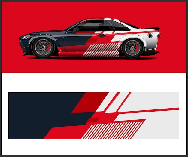 un coche con una franja roja y blanca en el lado y el logotipo en la parte inferior