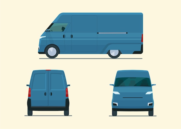 Coche de furgoneta de carga moderno aislado. Ð¡argo van con vista lateral, vista trasera y vista frontal. Ilustración de estilo plano.