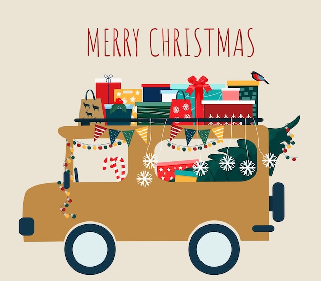 Un coche de hadas decorado con guirnaldas lleva regalos de Navidad Postal para Navidad y Año Nuevo