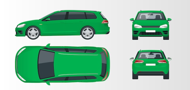 Coche hatchback verde vectorial. Vehículo híbrido compacto. Auto ecológico de alta tecnología. Fácil cambio de color. Vector de plantilla aislado en blanco Vista frontal, posterior, lateral, superior.