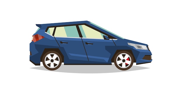 Coche hatchback Vista lateral Transporte para viajes Motor de gas Ruedas de aleación Ilustración vectorial Estilo plano