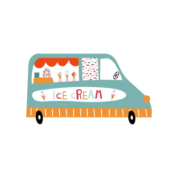 Coche con helado en estilo de dibujos animados Ilustración vectorial