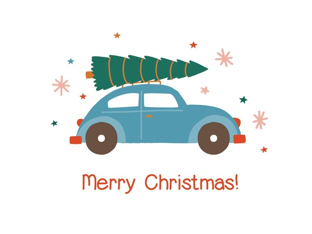 Coche con ilustración de vector plano de árbol de Navidad. Automóvil con entrega especial de Navidad aislado sobre fondo blanco. Mercado de vacaciones de invierno. Tarjeta de felicitación navideña, elemento de diseño de postal.