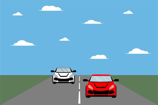 Un coche en la ilustración de vector rojo y blanco de la carretera