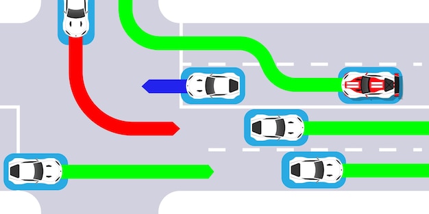 Vector coche inteligente autónomo sale a la carretera en el tráfico escanea la carretera observa la distancia