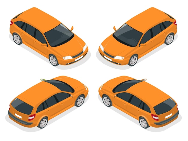 coche isométrico. Coche hatchback. Plano 3d isométrico conjunto de iconos de transporte urbano de alta calidad.