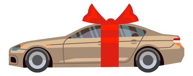 Coche con lazo de regalo de cinta roja. Presente icono aislado sobre fondo blanco.