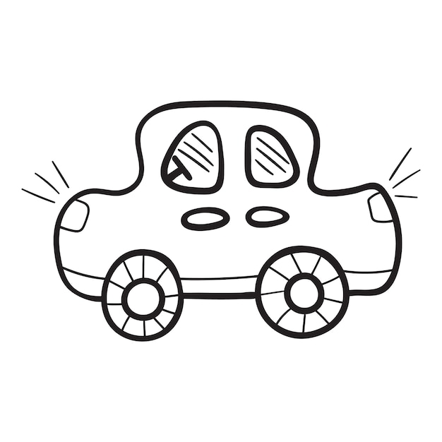 Coche lindo en líneas de boceto de garabato Estilo infantil de dibujos animados Ilustración de vector dibujado a mano aislado