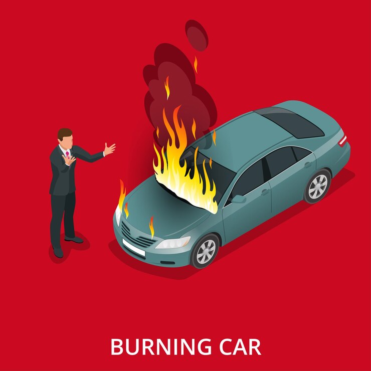 Vector coche en llamas en la carretera. de repente, el fuego comenzó a engullir el automóvil. ilustración isométrica vectorial plana 3d