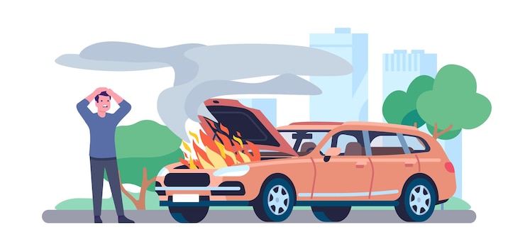 Vector coche en llamas llamas y humo saliendo de debajo del capó motor de automóvil en llamas conductor molesto accidente de tráfico seguro de vehículos seguridad en el transporte motor en llamas concepto vectorial