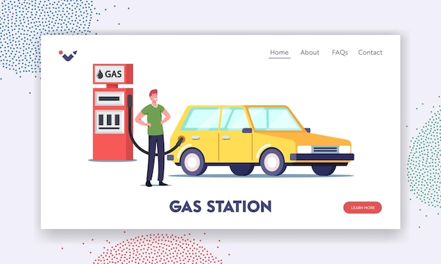 Coche de llenado de caracteres en la plantilla de la página de destino de la gasolinera. Hombre vertiendo combustible en el vehículo. Repostaje de Petróleo Automóvil, Transporte Servicio de Gasolina para Conductores. Ilustración de Vector de gente de dibujos animados