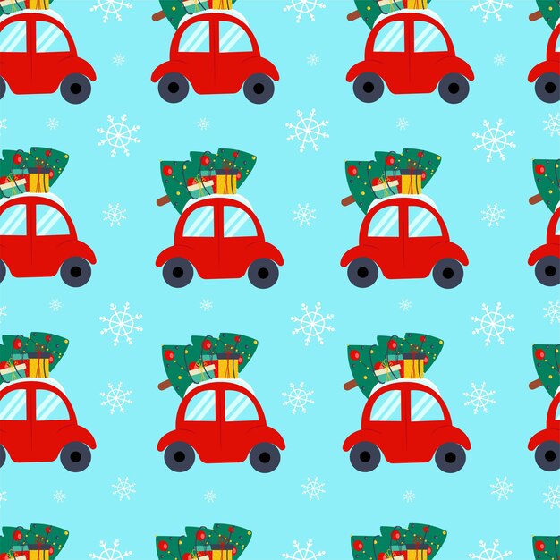 Coche lleva árbol de Navidad y regalos de patrones sin fisuras. Ilustración de vector de estilo plano.