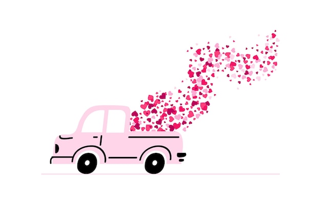 Coche lleva corazón de amor camioneta rosa que contiene entrega romántica tarjeta de felicitación de celebración de vacaciones felices