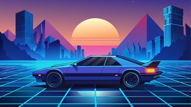 un coche con las luces encendidas y el sol poniéndose detrás de él