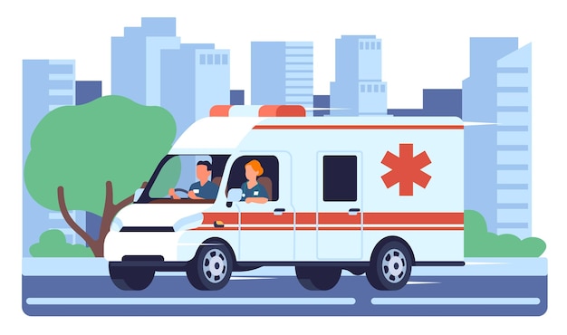 El coche médico con alarma baja por la calle metropolitana El vehículo de ambulancia conduce por la autopista Los edificios de la ciudad y la carretera El transporte del hospital Los médicos en la clínica El concepto de automóvil vectorial