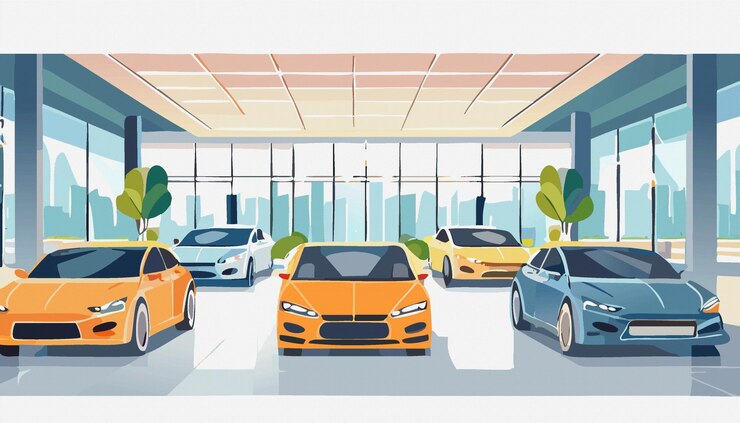 Vector coche moderno en la sala de exhibición no hay gente concepto de venta nuevo vehículo tienda de concesionarios de automóviles