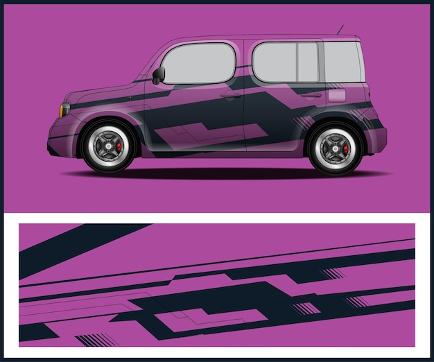 Un coche morado con la palabra "en el lateral"