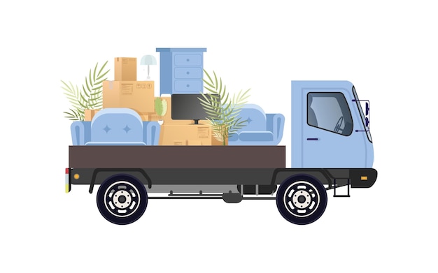 Vector coche con muchas cajas y cosas concepto de casa móvil aislado sobre fondo blanco ilustración en vector