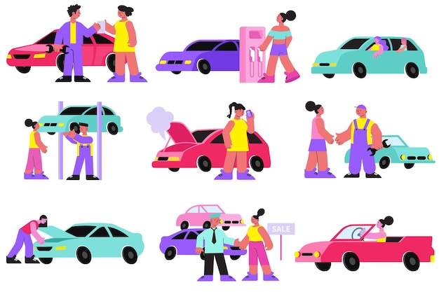 Vector coche de mujer con problemas en la ilustración de vector aislado plano de símbolos de carretera