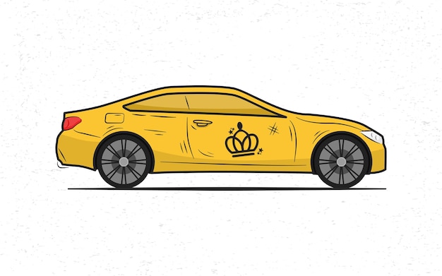 Coche naranja moderno con pegatina de corona, ilustración de vehículo de vista lateral