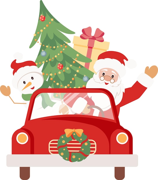Coche de Navidad con Papá Noel como conductor y muñeco de nieve con árbol de regalos y decoraciones