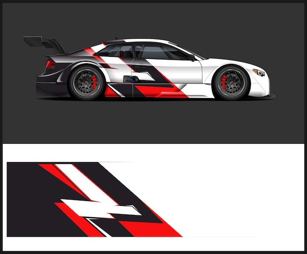 un coche negro y blanco con un diseño rojo y blanco en el lado