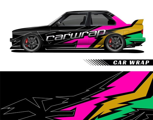 Coche negro con diseño geométrico verde rosa y dorado