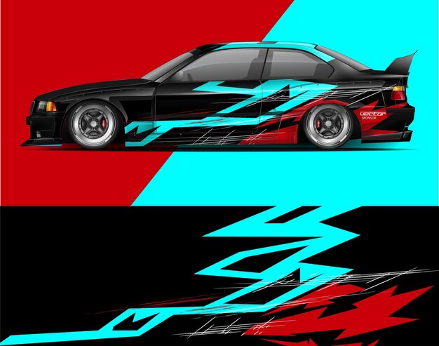 Coche negro con diseño gráfico azul rojo y blanco adecuado para promociones de la industria automotriz, anuncios de automóviles y conceptos de transporte urbano