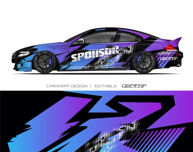 Coche negro con diseño de patrocinador de envoltura azul y púrpura editable