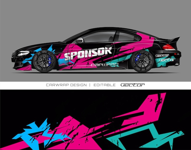Coche negro con gráficos de patrocinador de diseño rosa y azul