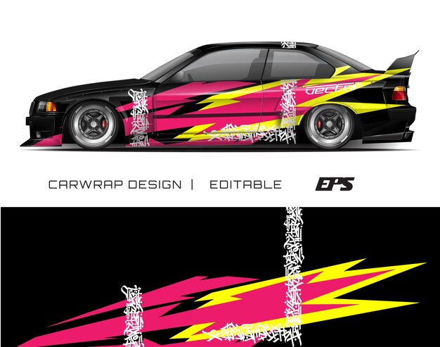 Un coche negro con gráficos de relámpagos rosados y amarillos