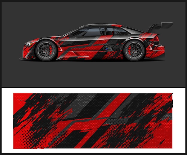 un coche negro y rojo con un diseño rojo y negro
