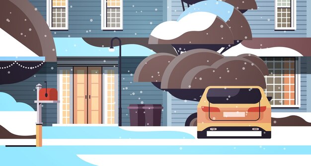 Coche en el patio de la casa cubierto de nieve en la temporada de invierno construcción de viviendas con decoraciones para el año nuevo y la celebración de navidad ilustración vectorial horizontal