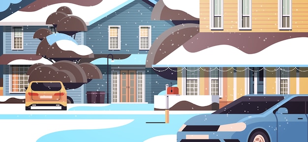 Coche en el patio de la casa cubierto de nieve en la temporada de invierno Construcción de viviendas con decoraciones para el año nuevo y la celebración de Navidad ilustración vectorial horizontal