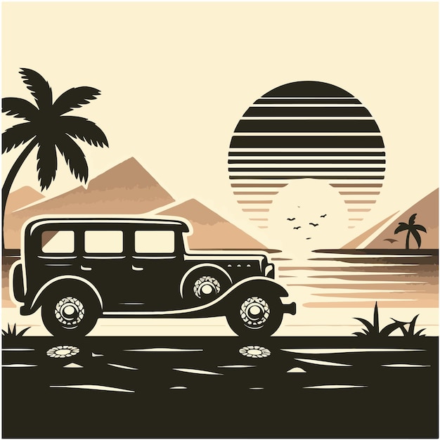 coche en la playa con siluetas de palmeras en el fondo Ilustración vectorial temática de verano para pos