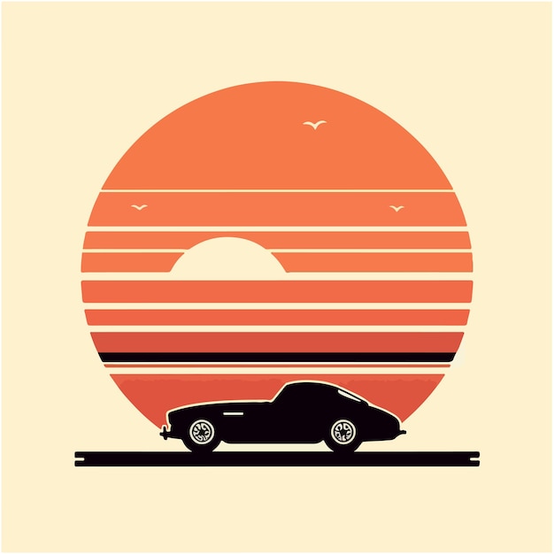 coche en la playa con siluetas de palmeras en el fondo Ilustración vectorial temática de verano para pos