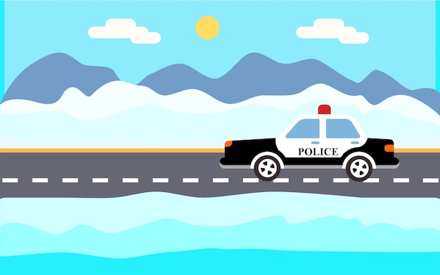 Coche de policía en carretera de invierno vista lateral del coche de banner ilustración de vector de fondo de vista de ciudad de invierno