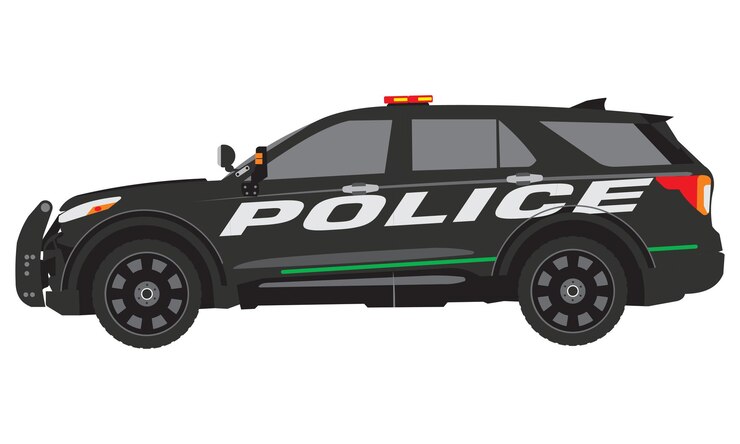 Coche de policía en color negro y vector de rayas verdes.