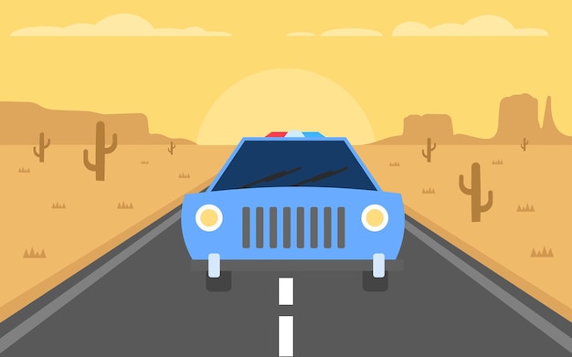 Coche de policía conducción en una carretera en la ilustración de vector de vista frontal del desierto