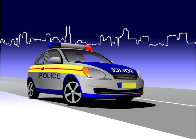 Coche de policía en el fondo nocturno Vector 3d ilustración