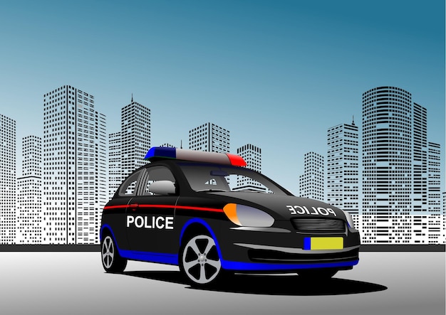 Un coche de policía moderno de pie en un centro de la ciudad con rascacielos en el fondo