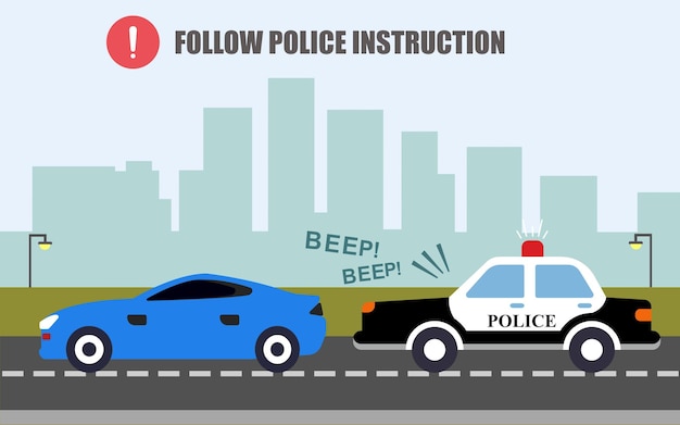 Coche de policía de tráfico siguiendo el coche azul en la carretera de la ciudad ilustración vectorial plana