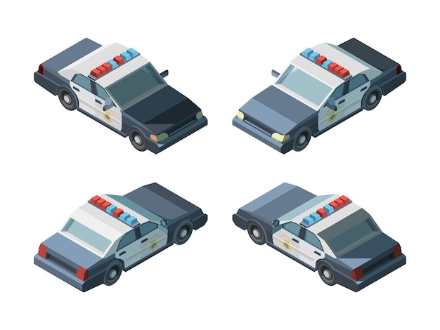 Coche de policía. vehículos isométricos de emergencia diferentes vistas policía persecución vector. transporte coche de policía de emergencia, vehículo isométrico e ilustración de automóvil 3d