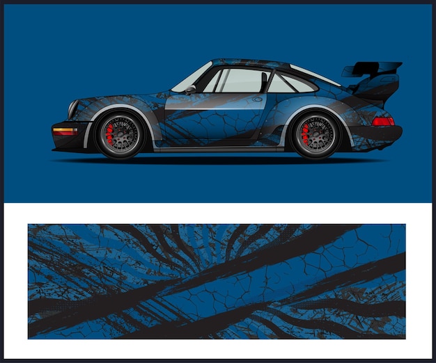 Un coche porsche azul y negro con una raya negra y la parte inferior derecha del coche.