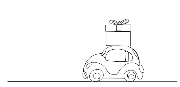 coche que lleva regalos dibujo de línea continua vector aislado